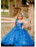 Cap Sleeves Blue Lace 3D Flowers Luxury Flower Girl Dress